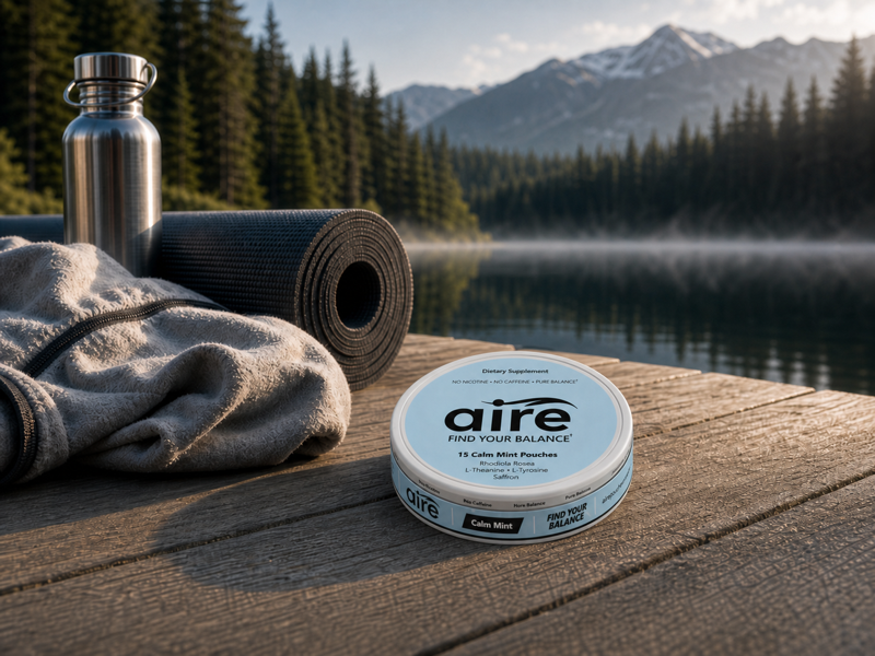 Aire Calm Mint tin on a quiet lake dock with morning mist
