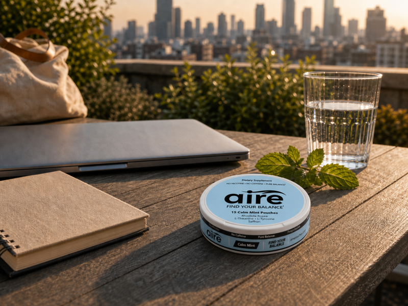 Aire Calm Mint tin on a rooftop garden work table