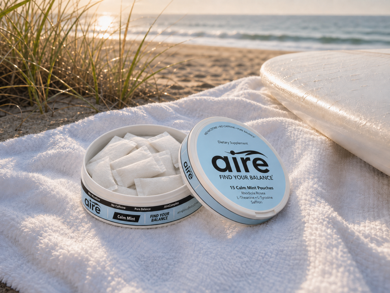 Open Aire Calm Mint tin on a beach towel near the water