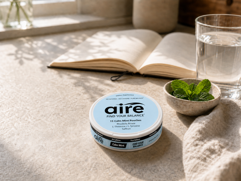 Aire Calm Mint tin on a bright morning kitchen counter