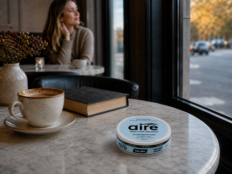 Aire Calm Mint tin on a cafe table with a relaxed customer nearby