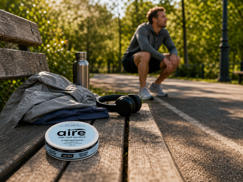 Aire Calm Mint tin on a park bench after a run