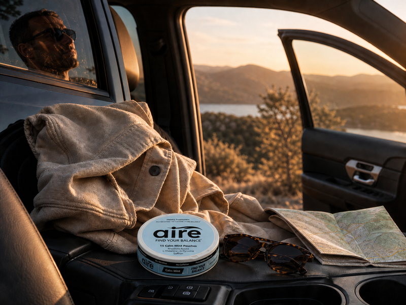 Aire Calm Mint tin in a scenic road trip moment