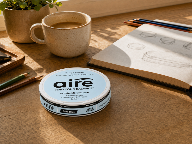 Aire Calm Mint tin on a creative studio desk
