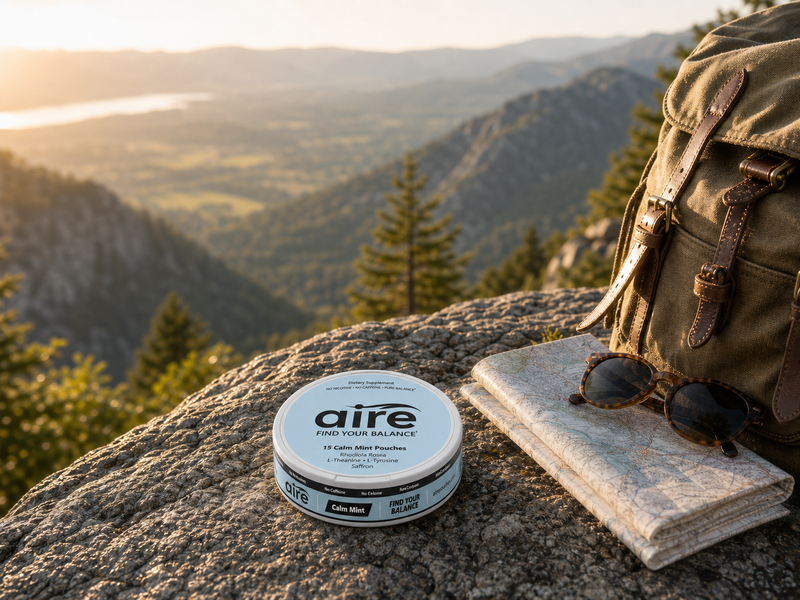 Aire Calm Mint tin on a hiking overlook with a daypack