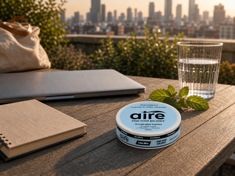 Aire Calm Mint tin on a rooftop garden work table
