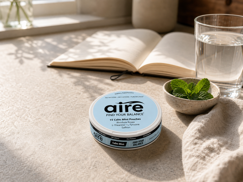 Aire Calm Mint tin on a bright morning kitchen counter