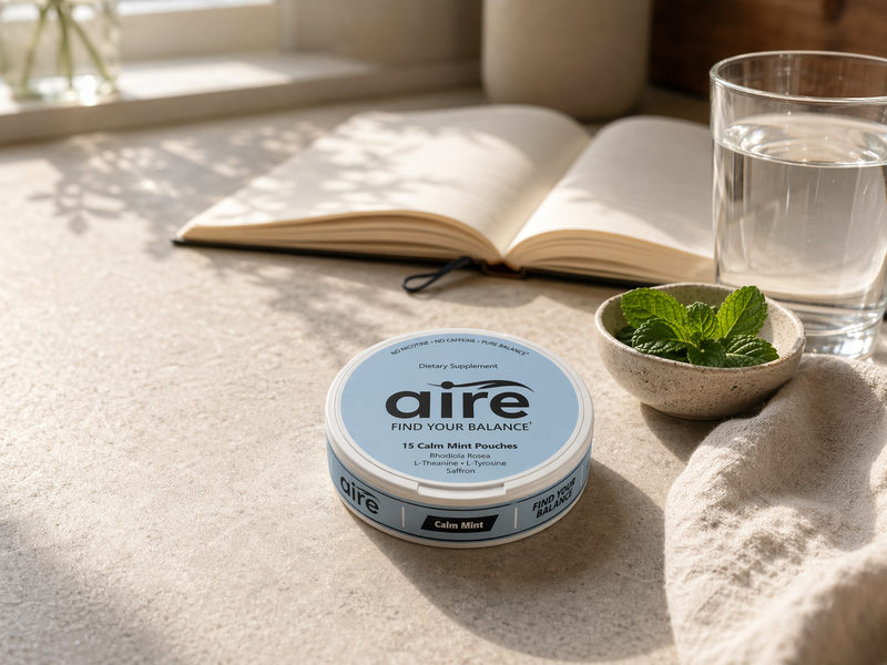 Aire Calm Mint tin on a bright morning kitchen counter