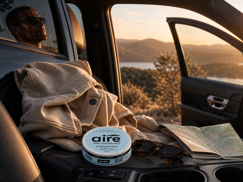 Aire Calm Mint tin in a scenic road trip moment