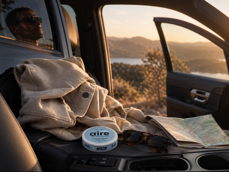 Aire Calm Mint tin in a scenic road trip moment